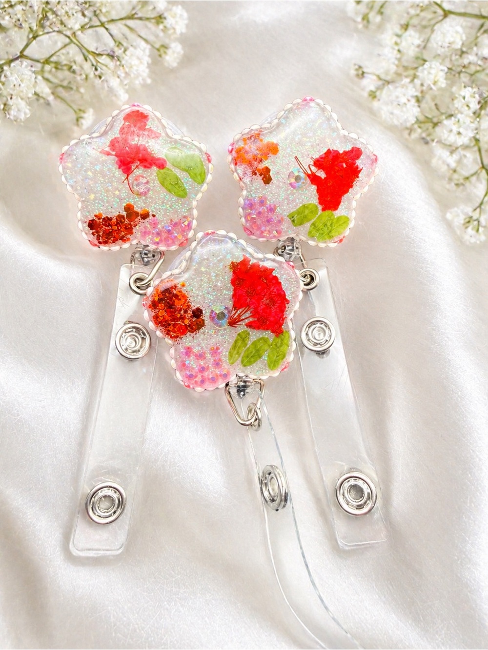 Floral Badge Reel Queen Annes Lace ID Holder Rhinestone Retractable Nurse Teach